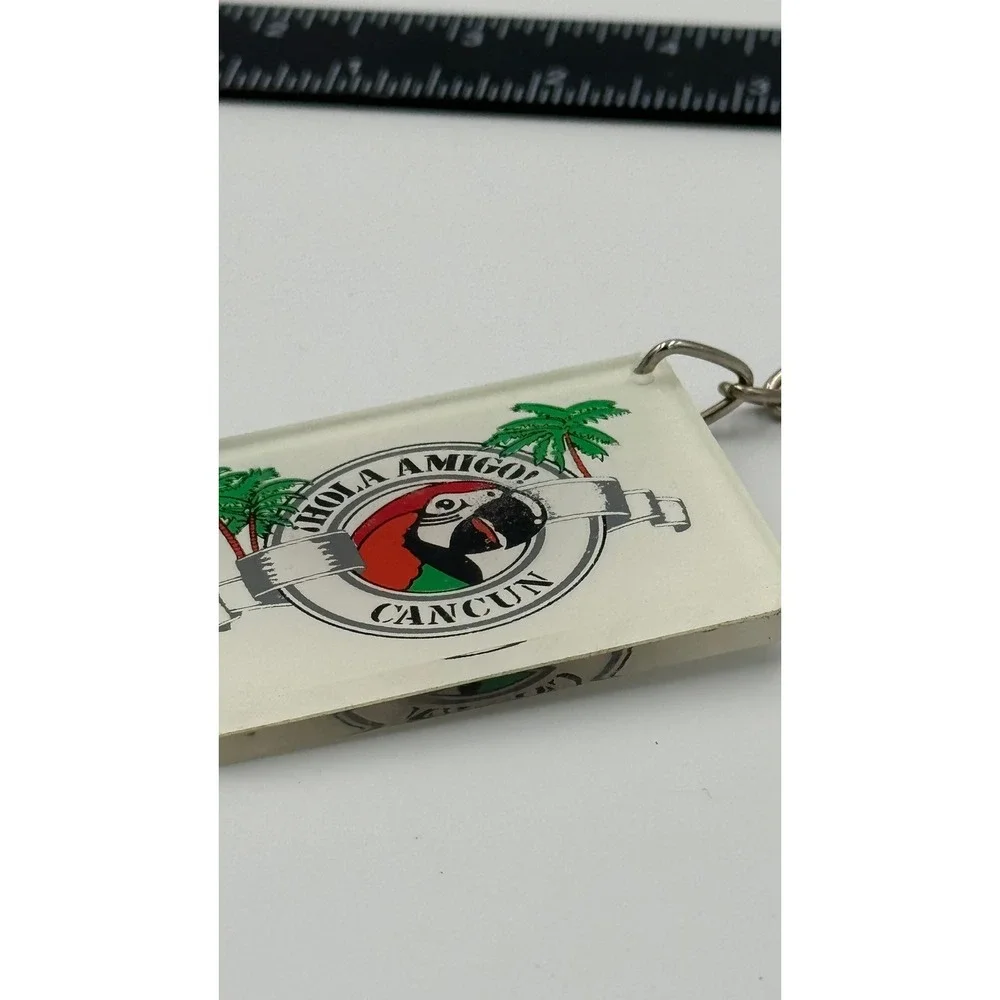 Vintage Hola Amigo Cancun Keychain Macaw Parrot‎ Palm Tropical Souvenir Mexico